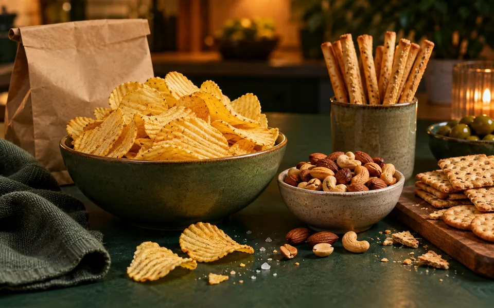 Cips, kuruyemiş, çubuk kraker ve tuzlu bisküvi çeşitleri