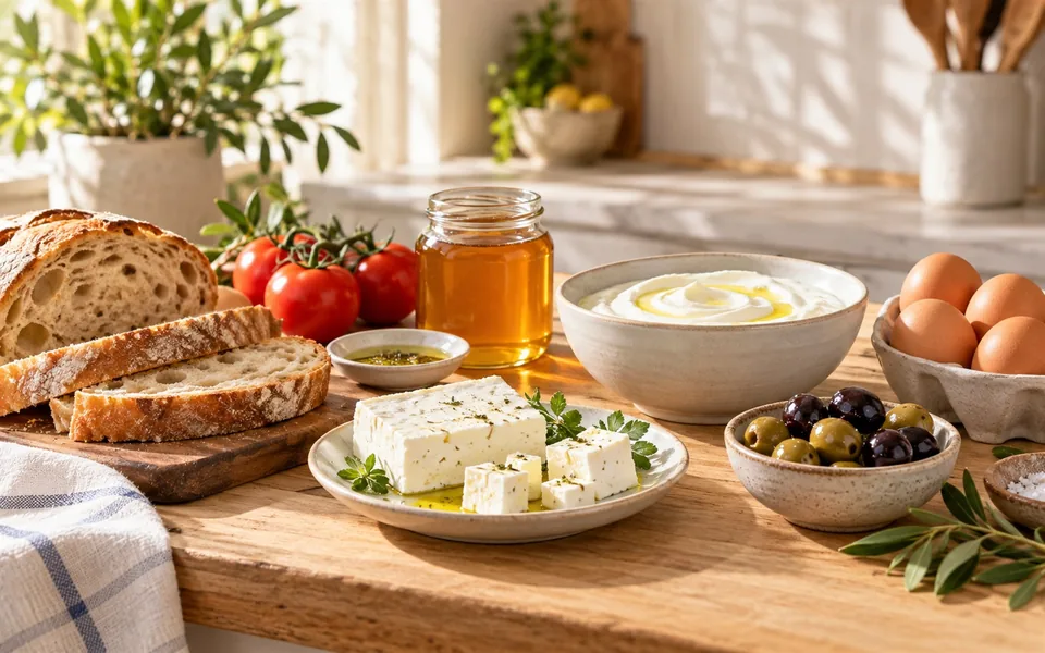 Beyaz peynir, yoğurt, bal, yumurta, domates ve zeytin